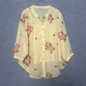 Figueroa & Flower Womens Tunic Top Size L Embroidered Floral 3/4 Sleeve Boho